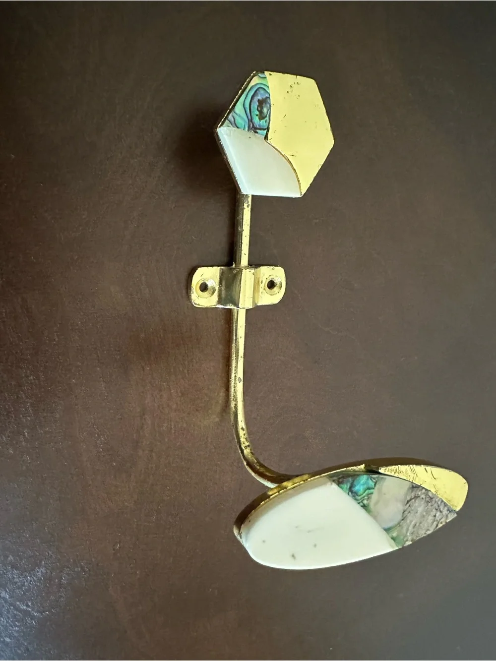 Anthropologie Brass Wall Hook with White and Abalone Inlay Gold Finish